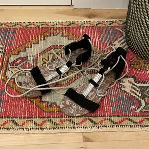 Free people silver and black suede ankle wrap flat sandal
